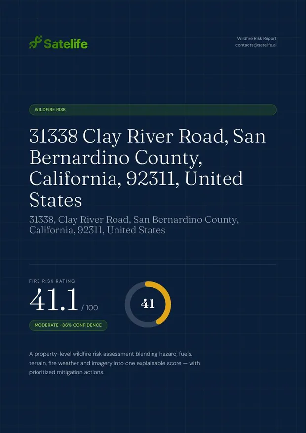 Cover of the Satelife wildfire risk report for 31338 Clay River Road, Barstow