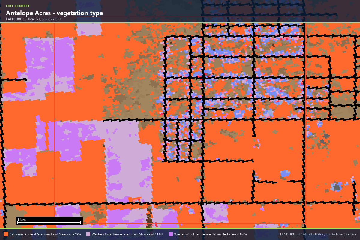 LANDFIRE LF2024 vegetation classification of the same area, dominated by California ruderal grassland in orange with scattered urban shrubland pixels along the community's road grid