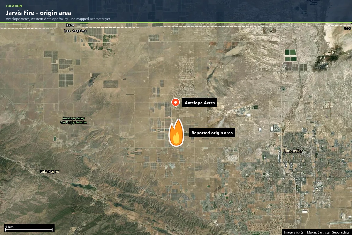 Satellite map of the western Antelope Valley with the Jarvis Fire's reported origin area near Antelope Acres marked with a flame icon, Lancaster to the east — no mapped perimeter as of 12 August 2026