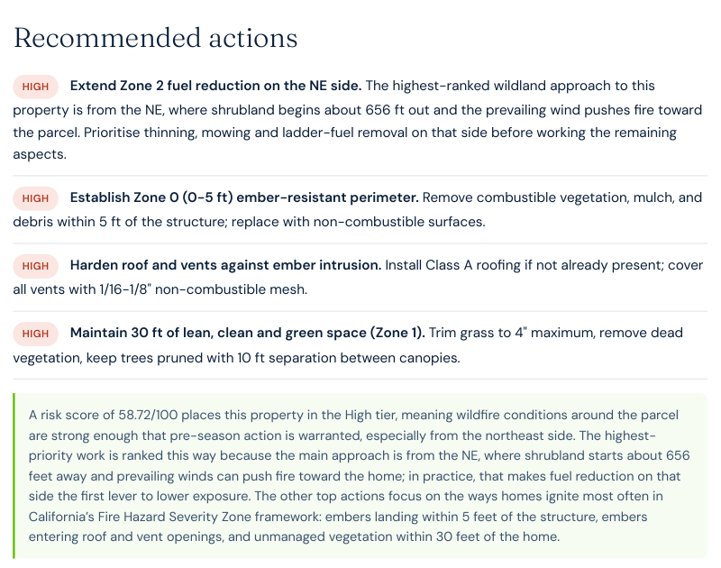 Recommended actions page of the Satelife report, listing four high-priority mitigations: extend Zone 2 fuel reduction on the northeast side, establish a Zone 0 ember-resistant perimeter, harden roof and vents, and maintain 30 feet of lean, clean and green space