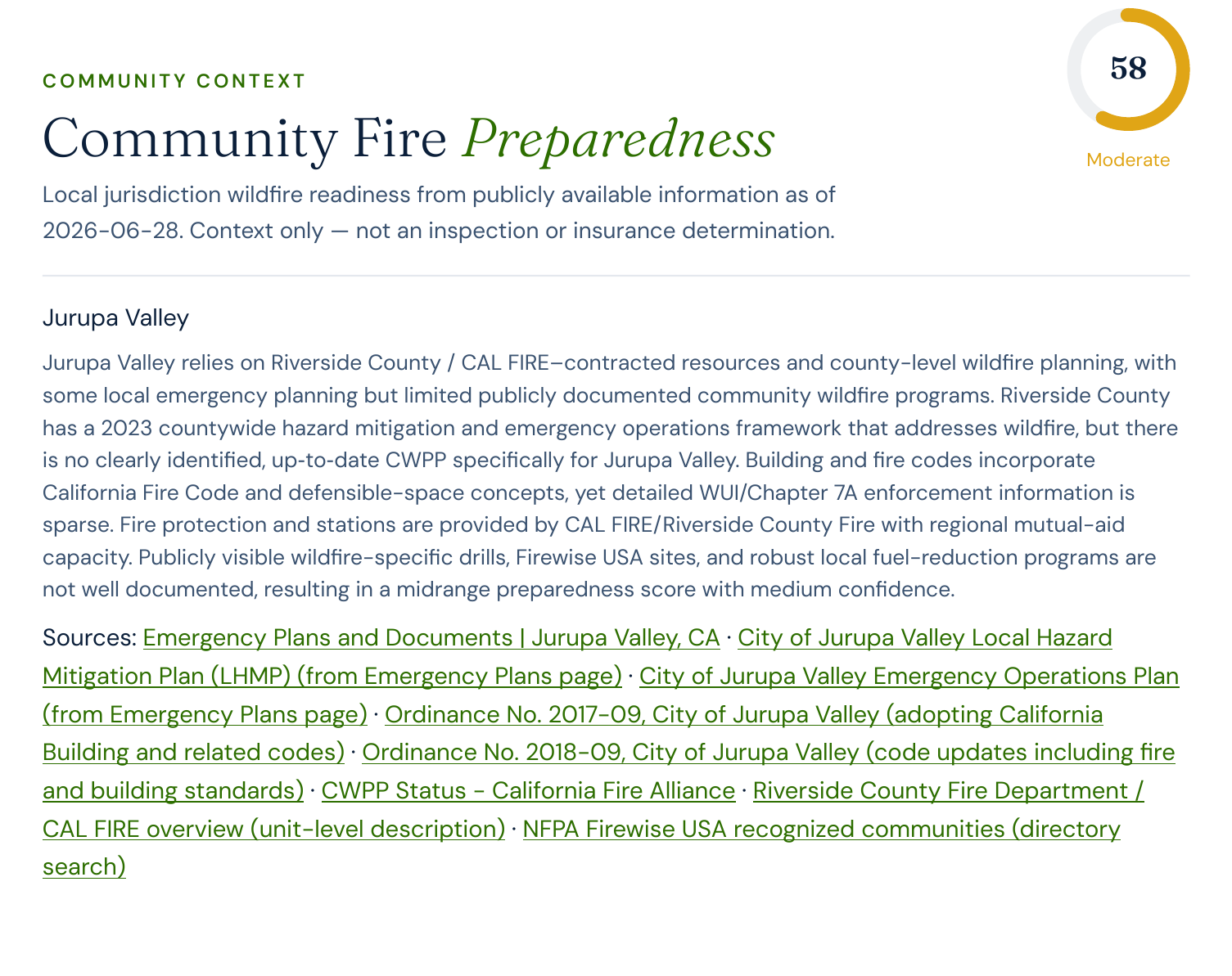 Satelife Community Fire Preparedness page for Jurupa Valley scoring 58 Moderate with cited sources