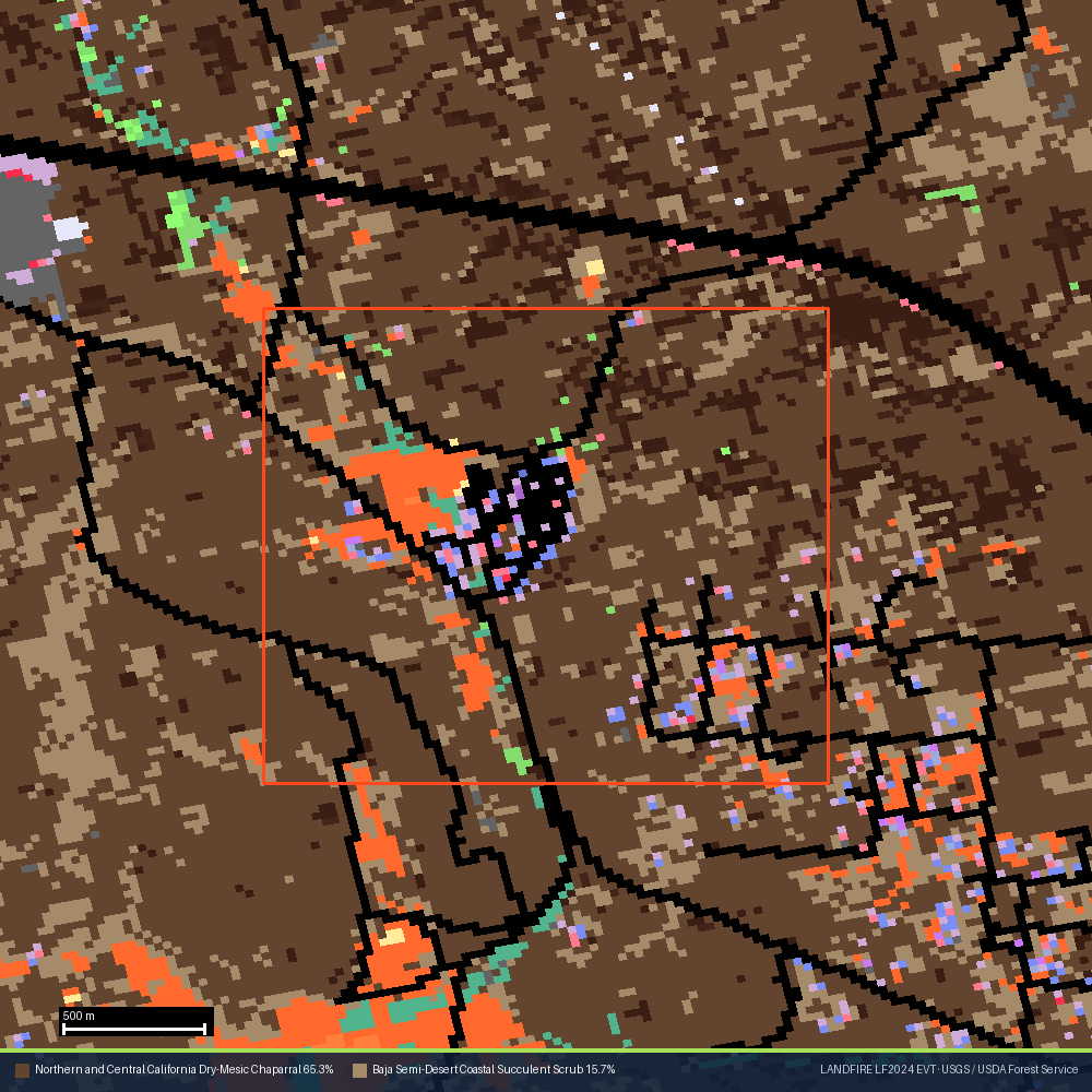 LANDFIRE LF2024 vegetation classification for the same area, with the settlement as a dark patch at the centre and chaparral in brown across the surrounding landscape