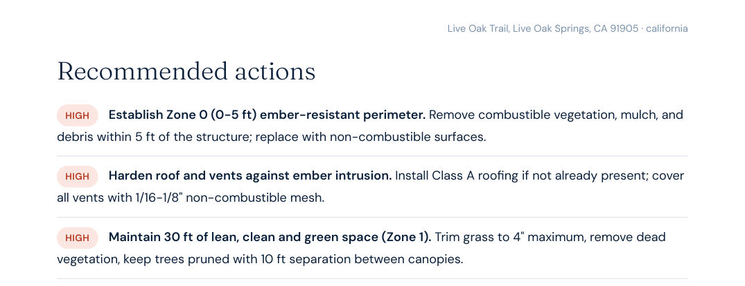 Recommended actions page from the same report, listing three high-priority mitigations: establish a Zone 0 ember-resistant perimeter, harden roof and vents against embers, and maintain 30 feet of lean, clean and green space