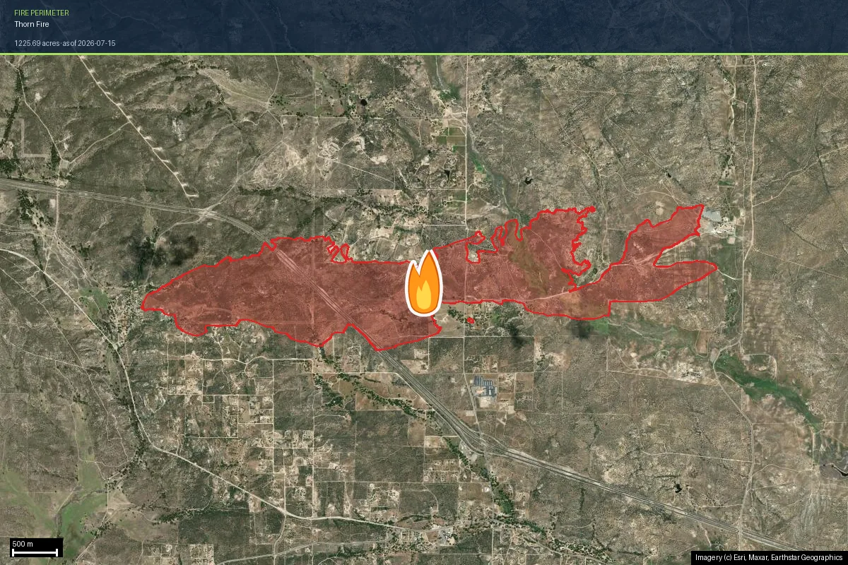 Satellite map of the Thorn Fire perimeter near Boulevard, California, about 1,226 acres, as of 15 July 2026