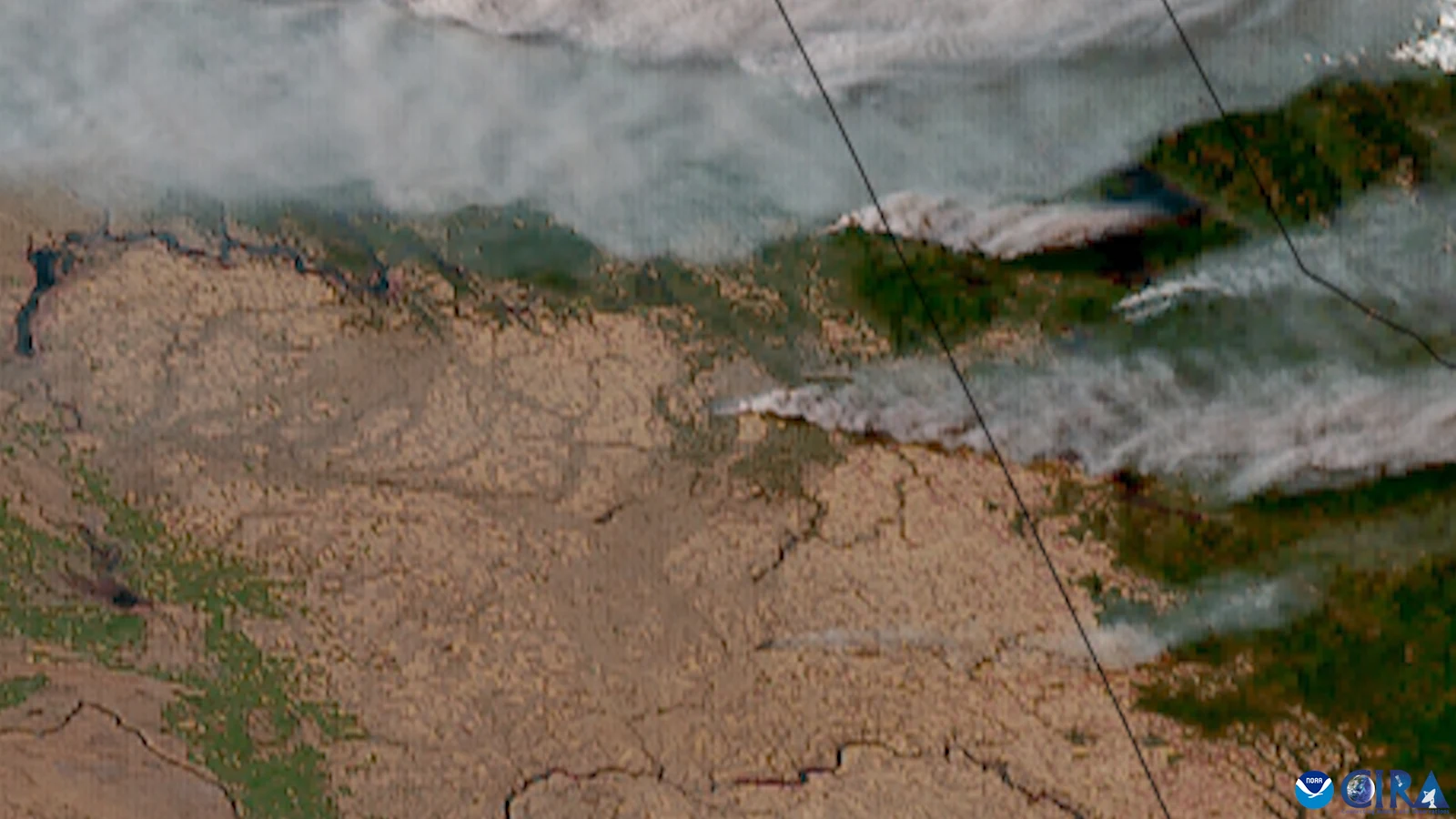 GOES satellite image from 19 August 2023 showing two large smoke plumes streaming east from the Gray Fire at Medical Lake and the Oregon Road Fire near Elk, Spokane County, Washington