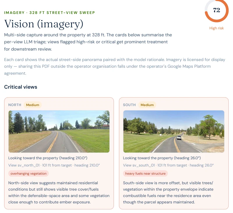 Excerpt from the Satelife property report for South Salnave Road, Medical Lake: the street-view vision sweep scoring 72/100, with the north view flagged for overhanging vegetation and the south view flagged for heavy fuels near the structure